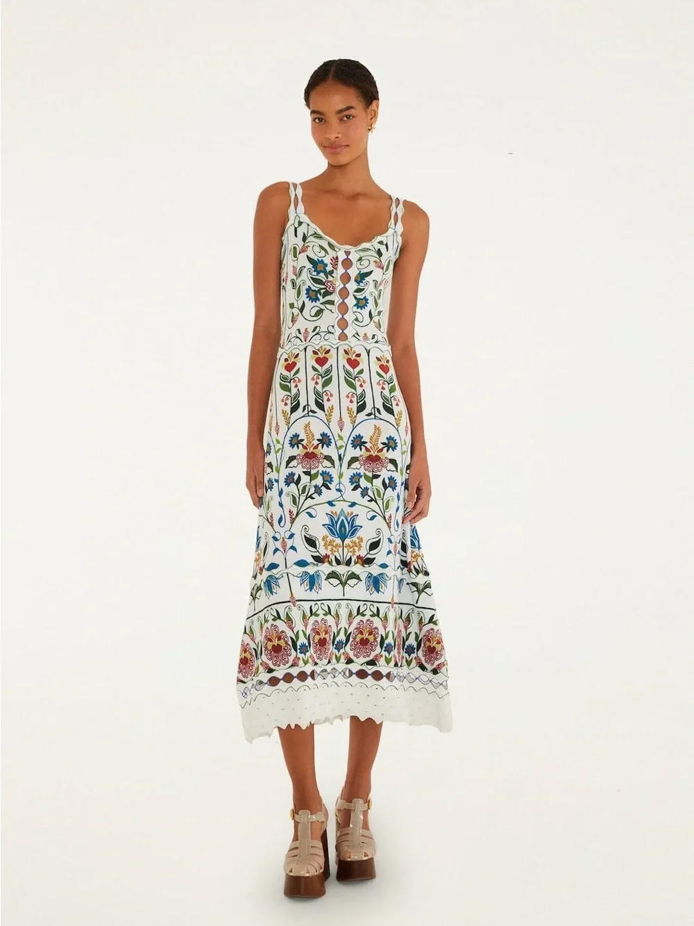 Farm Rio Garden Stitched sleeveless Floral Embroidered White Midi Dress, NWT